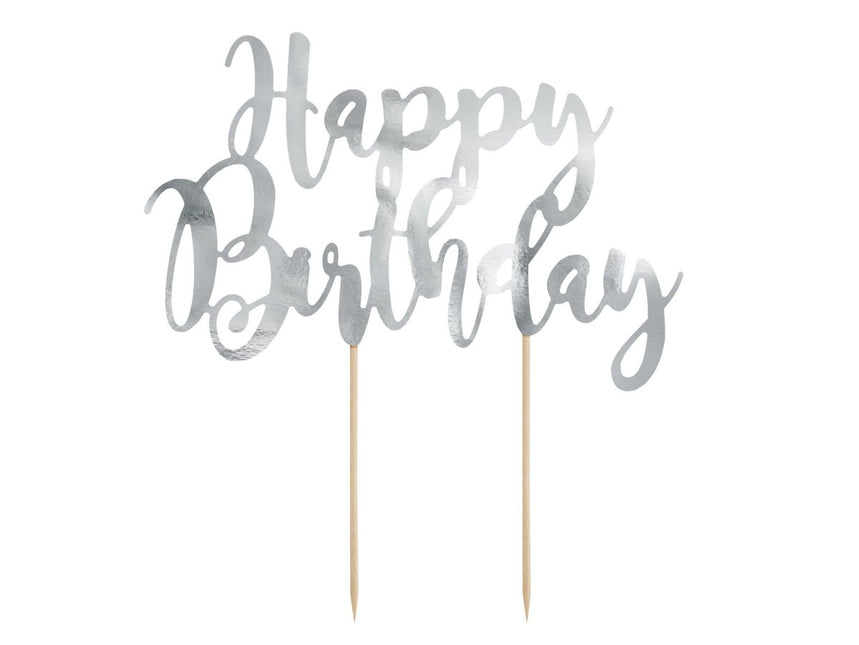Taarttopper Happy Birthday Zilver 22,5cm van Partydeco koop je bij Partywinkel
