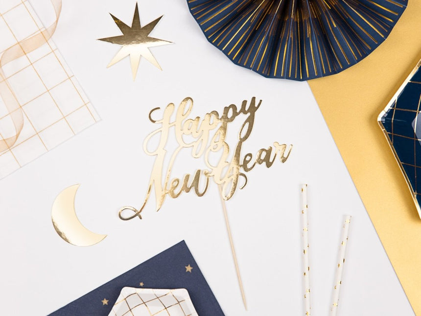 Taarttopper Happy New Year Goud 24cm van Partydeco koop je bij Partywinkel