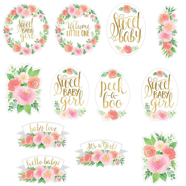 Tafeldecoratie Baby Meisje Bloemen 12 delig van Riethmueller koop je bij Partywinkel