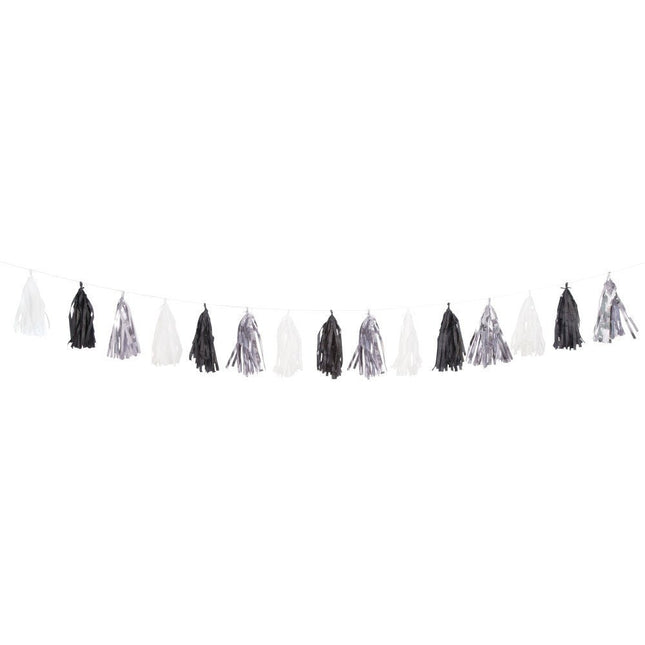 Tassel Slinger Zwart Wit Zilver 2,7m van Unique koop je bij Partywinkel