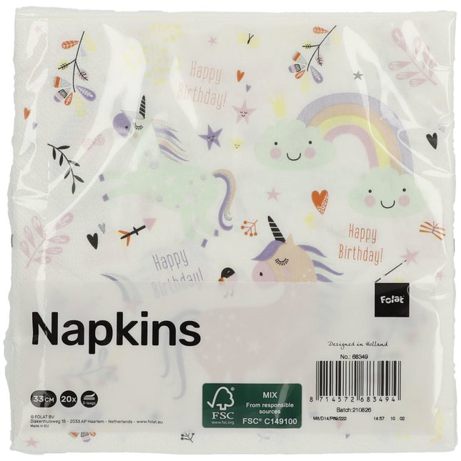 Unicorn Servetten Regenboog 33cm 20st van Folat koop je bij Partywinkel
