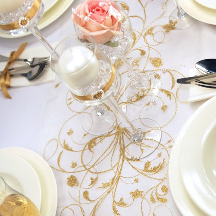 Vanille Creme Organza Stof Gouden Bloemen 36cm 9m van Partydeco koop je bij Partywinkel