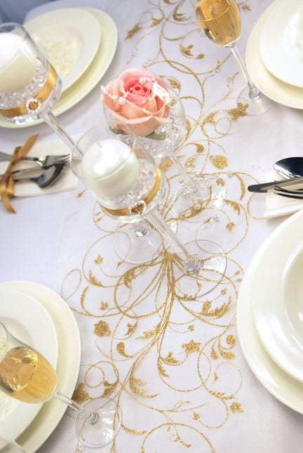 Vanille Creme Organza Stof Gouden Bloemen 36cm 9m van Partydeco koop je bij Partywinkel