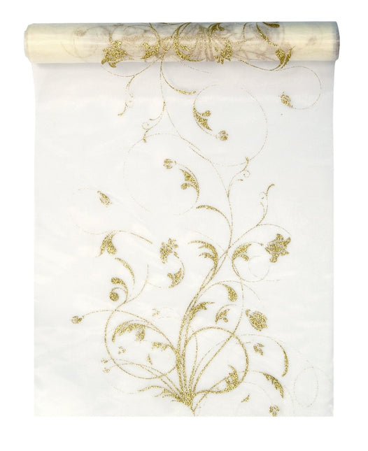 Vanille Creme Organza Stof Gouden Bloemen 36cm 9m van Partydeco koop je bij Partywinkel