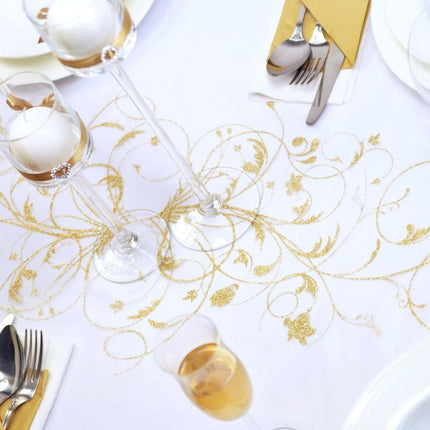 Vanille Creme Organza Stof Gouden Bloemen 36cm 9m van Partydeco koop je bij Partywinkel