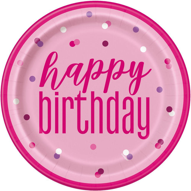 Verjaardag Borden Happy Birthday Roze 23cm 8st van Unique koop je bij Partywinkel