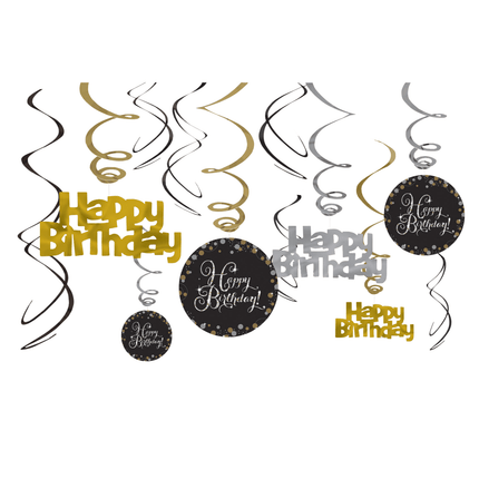 Verjaardag Hangdecoratie Happy Birthday Goud 61cm 12st van Riethmueller koop je bij Partywinkel