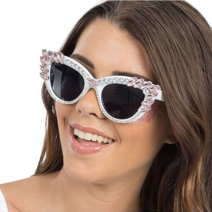 Witte Cat-Eye Bril Met Roze Strass 15cm