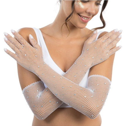 Witte Visnet Handschoenen met Strass 45cm