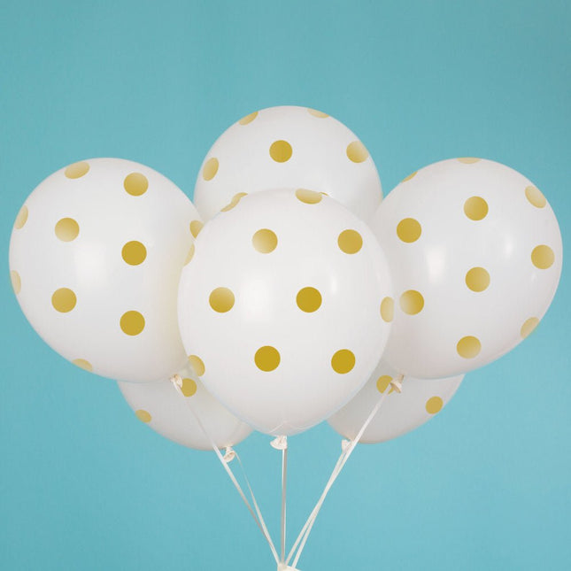 Witte Ballonnen Gouden Stippen 30cm 6st van Unique koop je bij Partywinkel