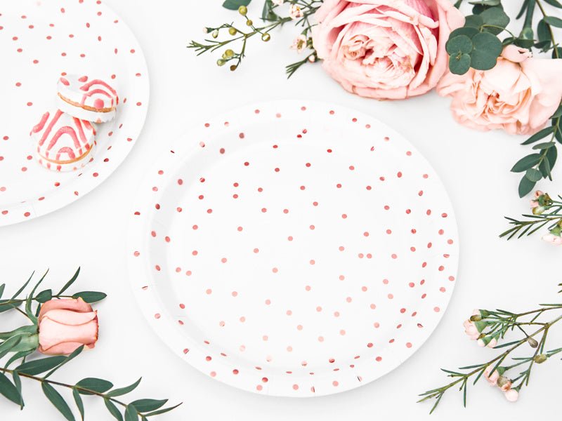 Witte Borden Rose Gouden Stippen 18cm 6st van Partydeco koop je bij Partywinkel