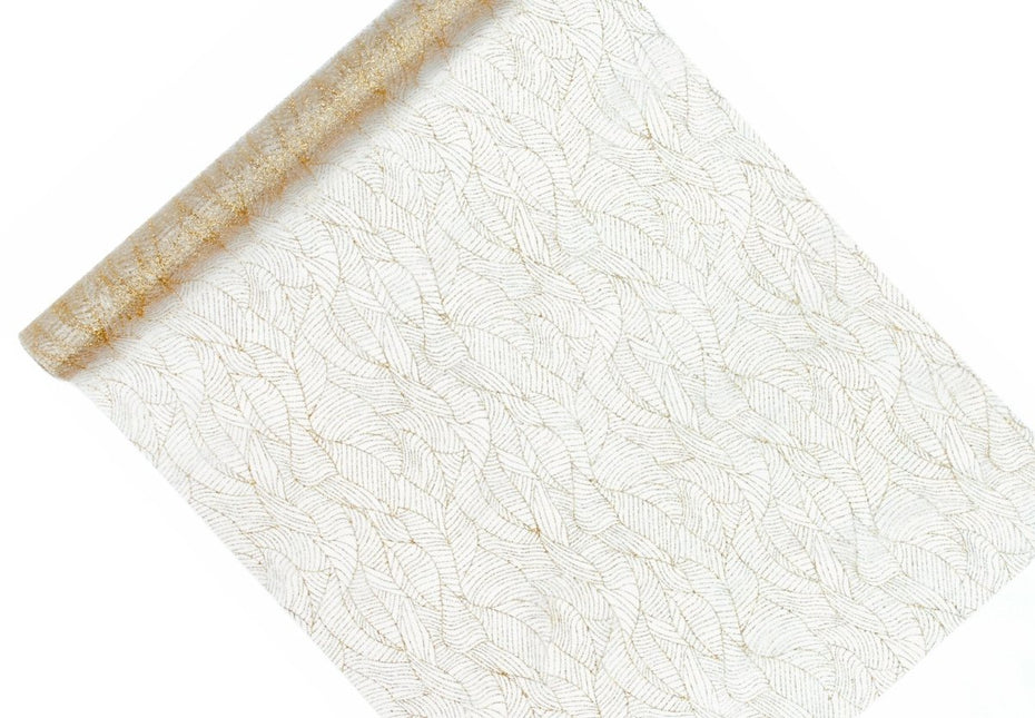 Witte Organza Stof Gouden Bladeren 48cm 9m van Partydeco koop je bij Partywinkel