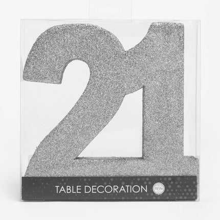 Zilver Tafeldecoratie Cijfer 21 Glitter 20,5cm van WeFiesta koop je bij Partywinkel