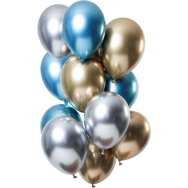 Zilveren, Blauwe en Antraciete Ballonnen Mix Chroom 33cm 12st van Folat koop je bij Partywinkel