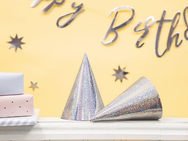 Zilveren Feesthoedjes Holografisch 16cm 6st van Partydeco koop je bij Partywinkel