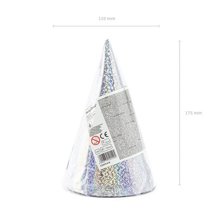 Zilveren Feesthoedjes Holografisch 16cm 6st van Partydeco koop je bij Partywinkel