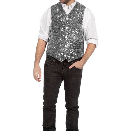 Zilveren Gilet Heren Pailletten Glitter van Wilbers & Wilbers koop je bij Partywinkel