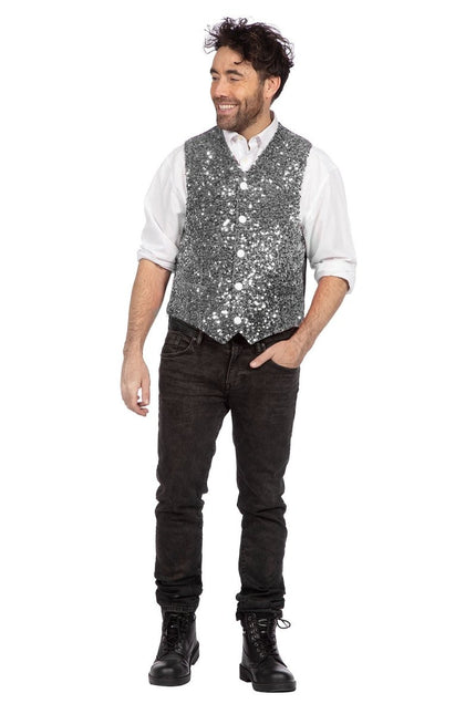 Zilveren Gilet Heren Pailletten Glitter van Wilbers & Wilbers koop je bij Partywinkel