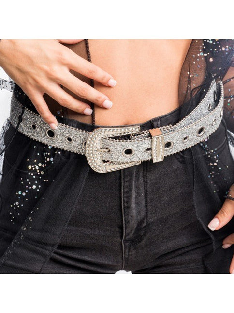 Zilveren Glitterriem met Strass Western Gesp 112cm van CHAKS koop je bij Partywinkel