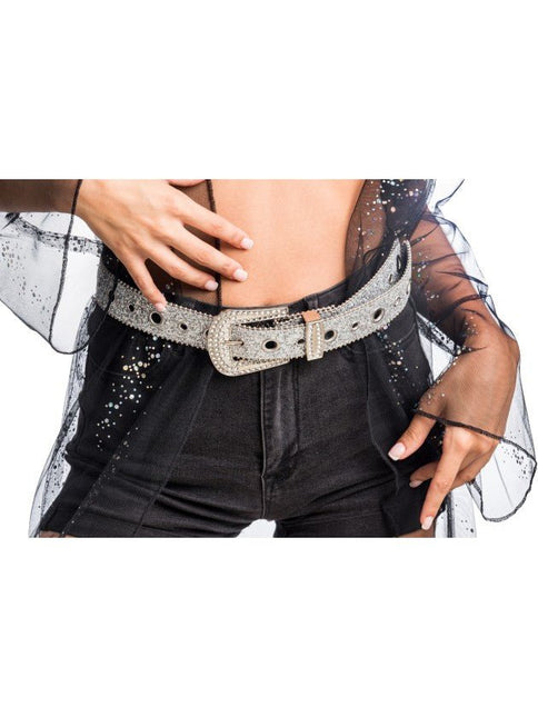 Zilveren Glitterriem met Strass Western Gesp 112cm van CHAKS koop je bij Partywinkel