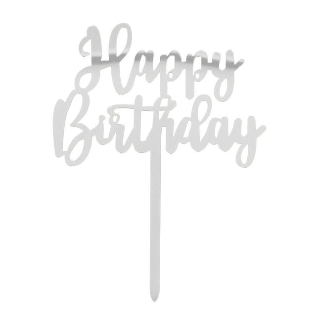 Zilveren Happy Birthday Taarttopper 15,5cm van Boland koop je bij Partywinkel