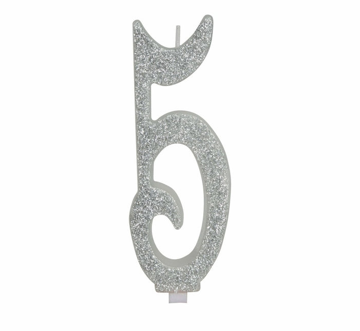 Zilveren Kaars 5 Jaar Glitter 12,5cm van Fiestas Guirca koop je bij Partywinkel