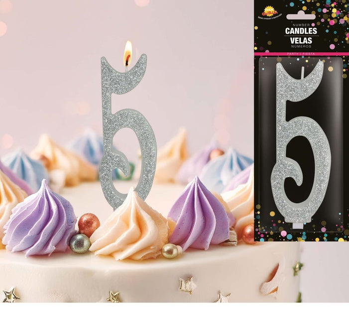 Zilveren Kaars 5 Jaar Glitter 12,5cm van Fiestas Guirca koop je bij Partywinkel
