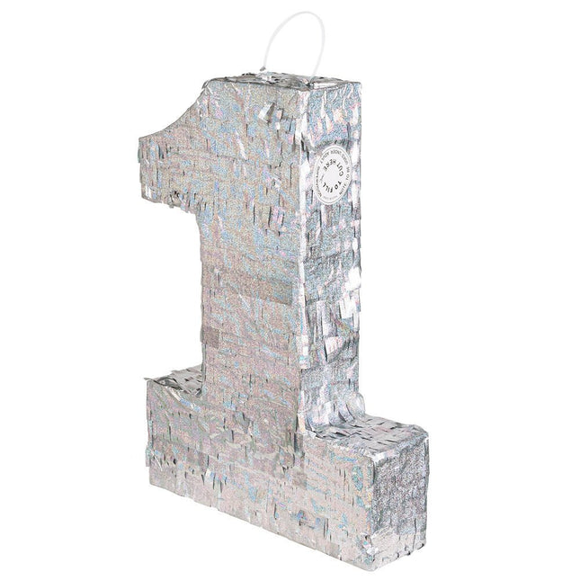 Zilveren Pinata 1 Jaar Holografisch 40cm van Boland koop je bij Partywinkel
