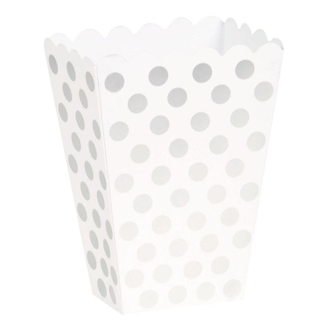 Zilveren Popcorn Bakjes Witte Stippen 13,7cm 8st van Unique koop je bij Partywinkel