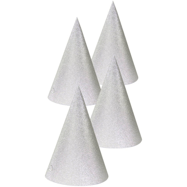 Zilverkleurige Glitter Feesthoedjes 16cm - 4 stuks van Folat koop je bij Partywinkel