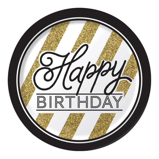 Zwart Gouden Happy Birthday Borden 22cm 8st van Creative Converting koop je bij Partywinkel