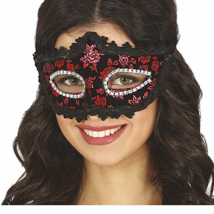 Zwart Masker Rode Bloemen van Fiestas Guirca koop je bij Partywinkel