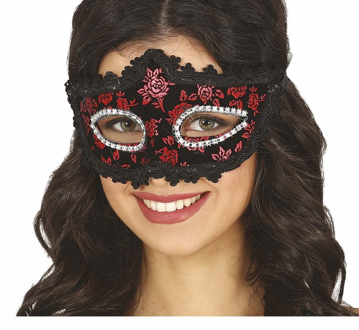 Zwart Masker Rode Bloemen van Fiestas Guirca koop je bij Partywinkel