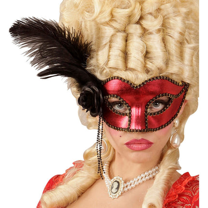 Zwart Rode Oogmasker Met Veren van Widmann koop je bij Partywinkel