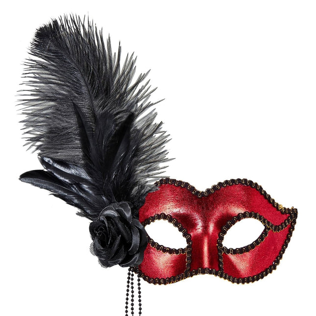 Zwart Rode Oogmasker Met Veren van Widmann koop je bij Partywinkel