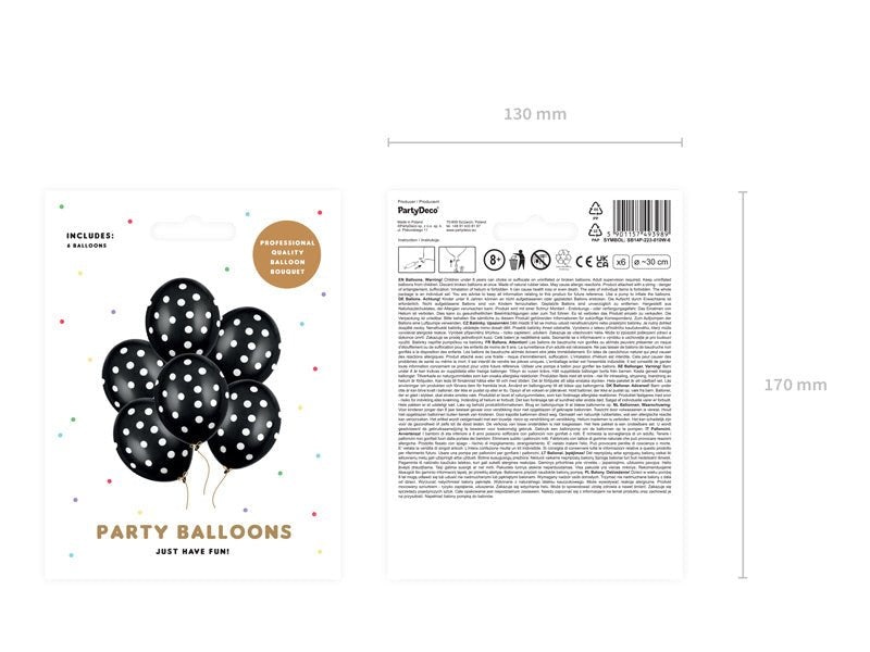 Zwarte Ballonnen Witte Stippjes 30cm 6st van Partydeco koop je bij Partywinkel