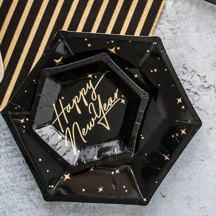 Zwarte Borden Gouden Sterren 20cm 6st van Partydeco koop je bij Partywinkel