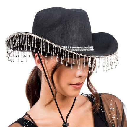 Zwarte Cowboyhoed met Hangende Strass One Size van CHAKS koop je bij Partywinkel