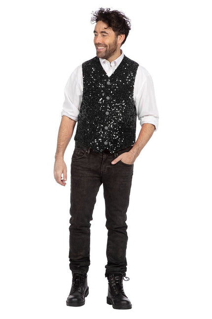 Zwarte Gilet Heren Pailletten Glitter van Wilbers & Wilbers koop je bij Partywinkel