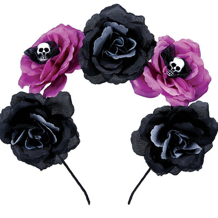 Zwarte Paarse Halloween Haarband Bloemen van Fiestas Guirca koop je bij Partywinkel