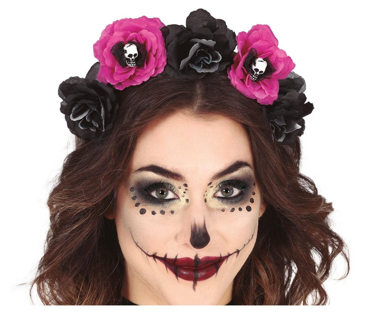 Zwarte Paarse Halloween Haarband Bloemen van Fiestas Guirca koop je bij Partywinkel