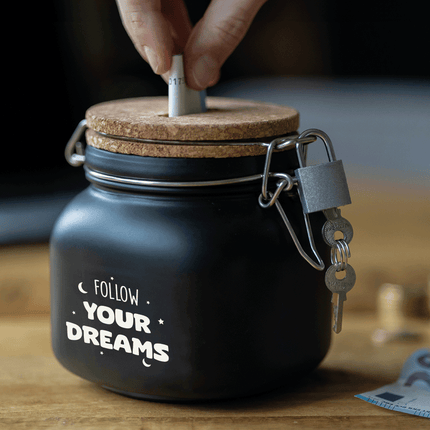 Zwarte Spaarpot Follow Your Dreams 12,5cm van Paper Dreams koop je bij Partywinkel