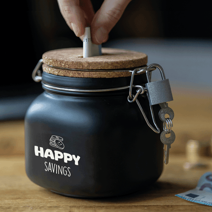 Zwarte Spaarpot Happy Savings 12,5cm van Paper Dreams koop je bij Partywinkel